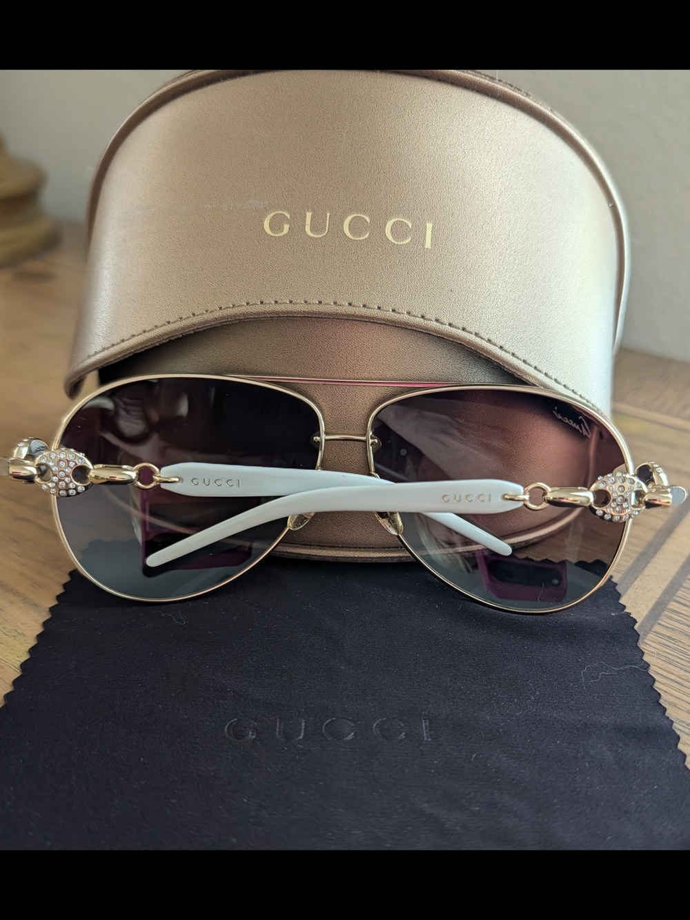 Gucci Women's Gold Frame Sunglasses with White Temples GG 4230 Crystal Mariner